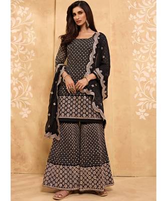 black georgette semi stitched embroidered top & bottom with dupatta 1