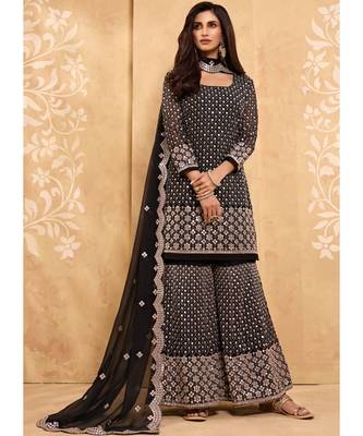 black georgette semi stitched embroidered top & bottom with dupatta 2