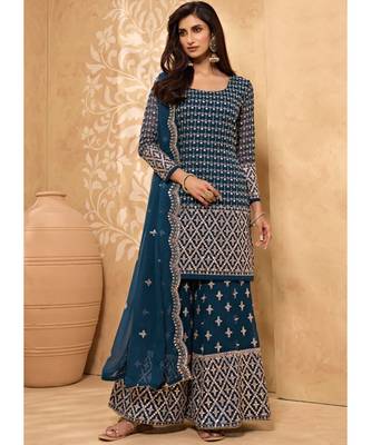 Teal georgette semi stitched embroidered top & bottom with dupatta 1