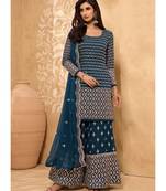 Teal georgette semi stitched embroidered top & bottom with dupatta