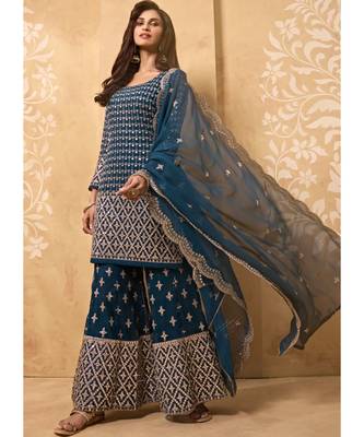 Teal georgette semi stitched embroidered top & bottom with dupatta 2
