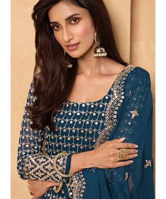 Teal georgette semi stitched embroidered top & bottom with dupatta 3