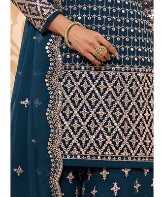 Teal georgette semi stitched embroidered top & bottom with dupatta 4