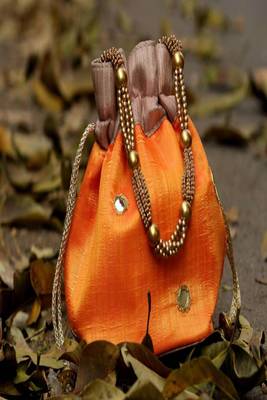 bagzVela Golden Orange Toned Real Mirror Work Silk Potli 1