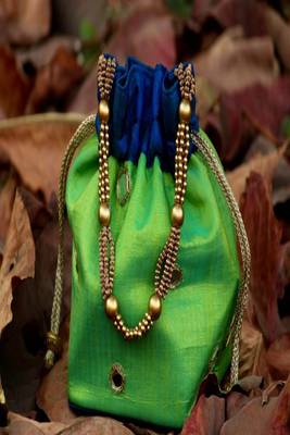 bagzVela Bluish Green Toned Real Mirror Work Silk Potli 1