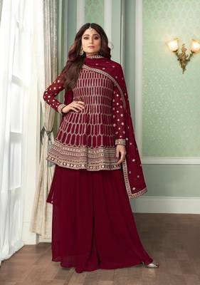 Maroon Faux georgette Sharara style suit with Embroidery Work 1