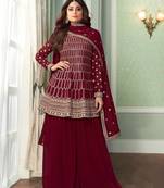 Maroon Faux georgette Sharara style suit with Embroidery Work