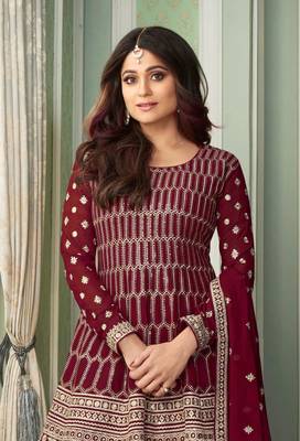 Maroon Faux georgette Sharara style suit with Embroidery Work 2