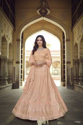 Peach embroidered georgette semi stitched lehenga 1