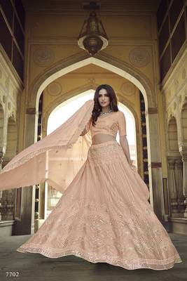 Peach embroidered georgette semi stitched lehenga 2