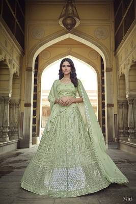 Green embroidered georgette semi stitched lehenga 1