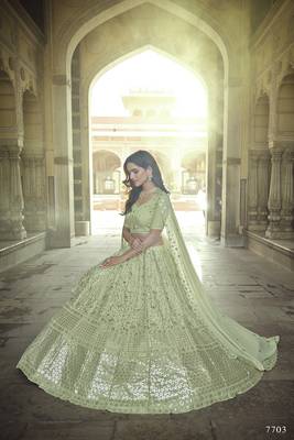 Green embroidered georgette semi stitched lehenga 2