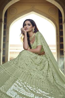 Green embroidered georgette semi stitched lehenga 3