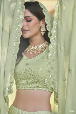 Green embroidered georgette semi stitched lehenga 4