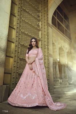 Peach embroidered georgette semi stitched lehenga 1