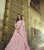 Peach embroidered georgette semi stitched lehenga