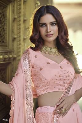 Peach embroidered georgette semi stitched lehenga 3