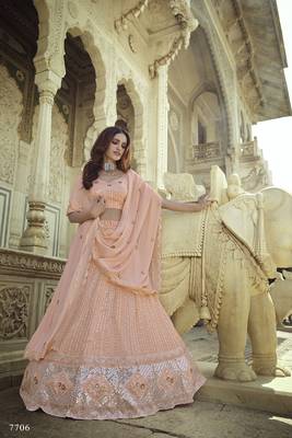 Peach embroidered georgette semi stitched lehenga 1