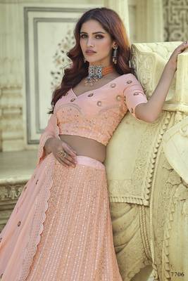 Peach embroidered georgette semi stitched lehenga 3