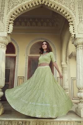Green embroidered georgette semi stitched lehenga 2
