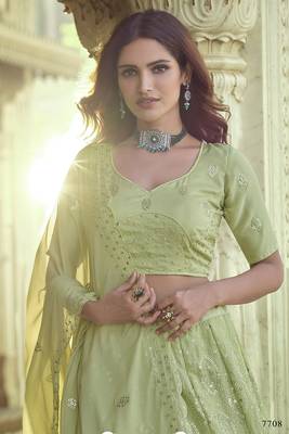 Green embroidered georgette semi stitched lehenga 3