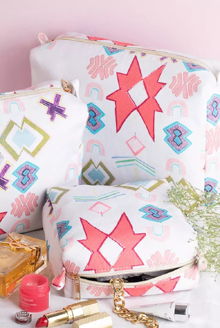 Payal Singhal White Ikat Star Print Canvas Small, Medium and Large Size Vanity Kits (Set of 3) for Women & Men