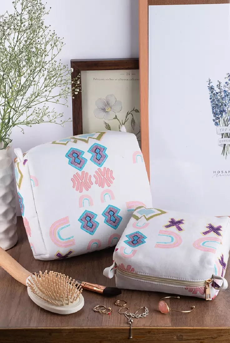 Payal Singhal White Ikat Star Print Canvas Small and Medium Size Vanity Kits (Set of 2) for Women & Men
