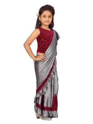 Grey sequins silk stitched saree 2