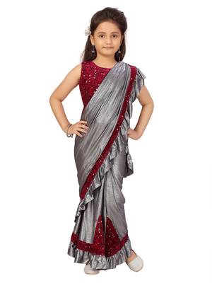 Grey sequins silk stitched saree 5