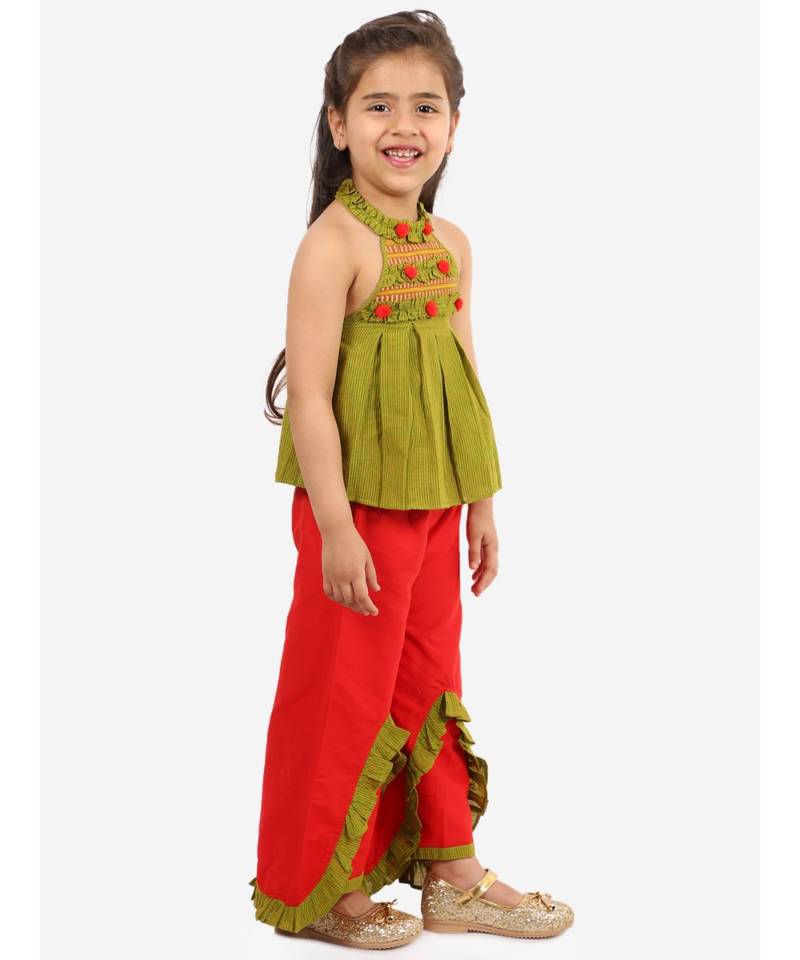 Girls Striped incut pleated Top with Layered Palazzo Set Green