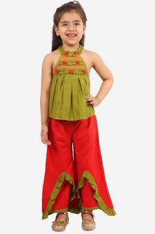 Girls Striped incut pleated Top with Layered Palazzo Set Green