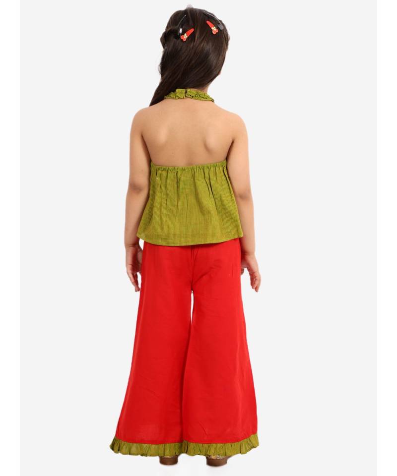 Girls Striped incut pleated Top with Layered Palazzo Set Green