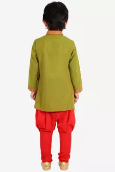 Boys Button down Striped Kurta with Pajama Set Green