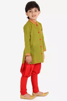 Boys Button down Striped Kurta with Pajama Set Green