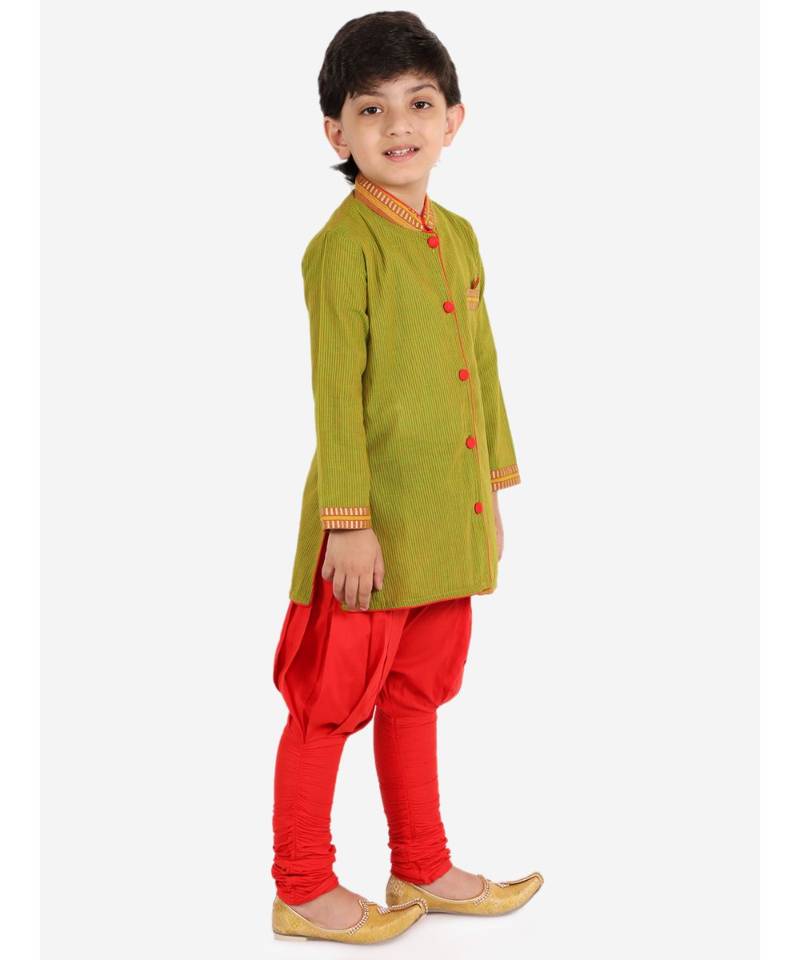 Boys Button down Striped Kurta with Pajama Set Green