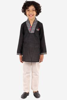 Boys High Neck Kurta with Payjama Set Black And White