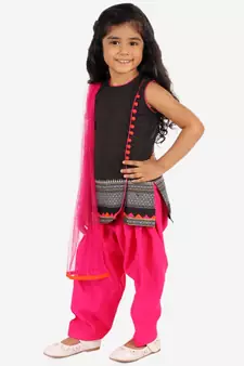 Girls potlis embellished Kurta Salwar and Dupatta set Black and Pink