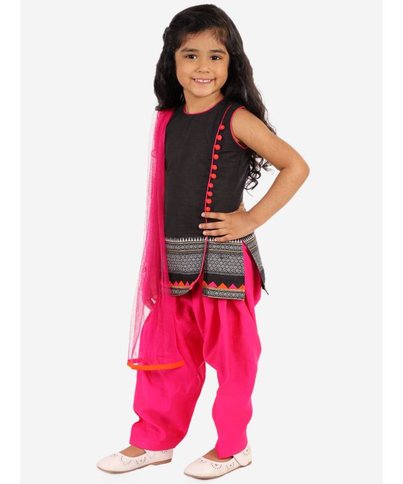 Girls potlis embellished Kurta Salwar and Dupatta set Black and Pink
