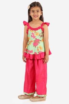 Girls Foral printed Frill detailed Peplum and Dhoti Set  Green and Pink