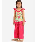 Girls Foral printed Frill detailed Peplum and Dhoti Set  Green and Pink