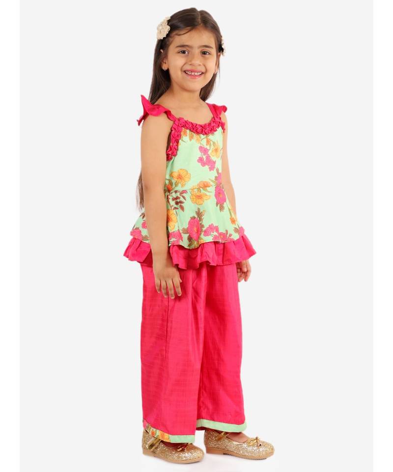 Girls Foral printed Frill detailed Peplum and Dhoti Set  Green and Pink