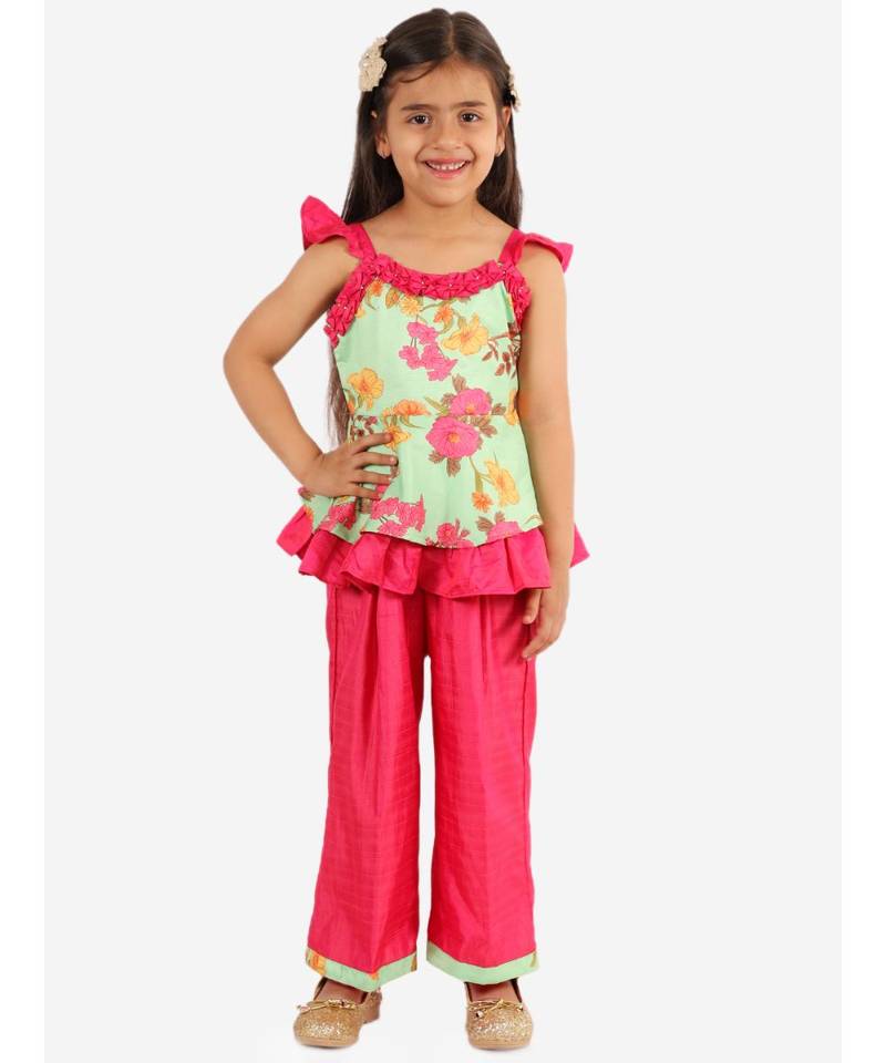 Girls Foral printed Frill detailed Peplum and Dhoti Set  Green and Pink