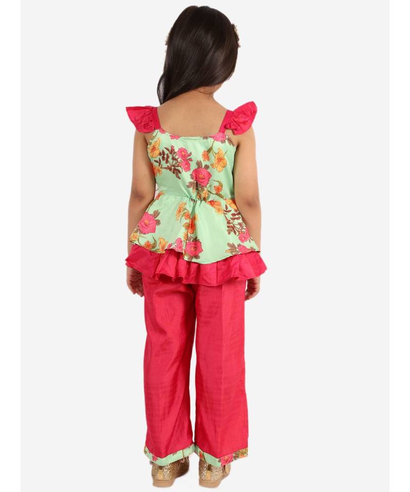 Girls Foral printed Frill detailed Peplum and Dhoti Set  Green and Pink