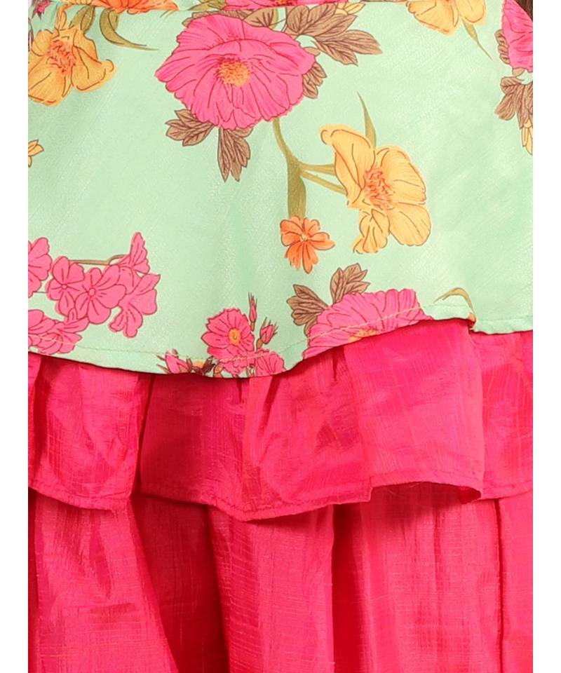 Girls Foral printed Frill detailed Peplum and Dhoti Set  Green and Pink