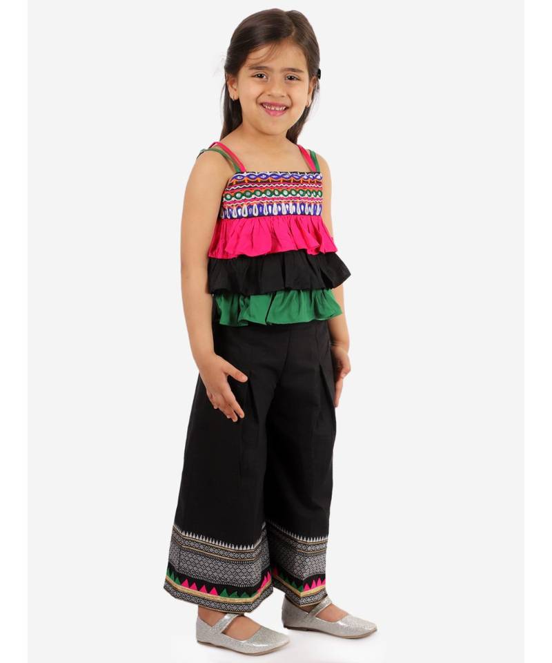 Girls mirrorwork Frilled Peplum and Palazzo Set  Black