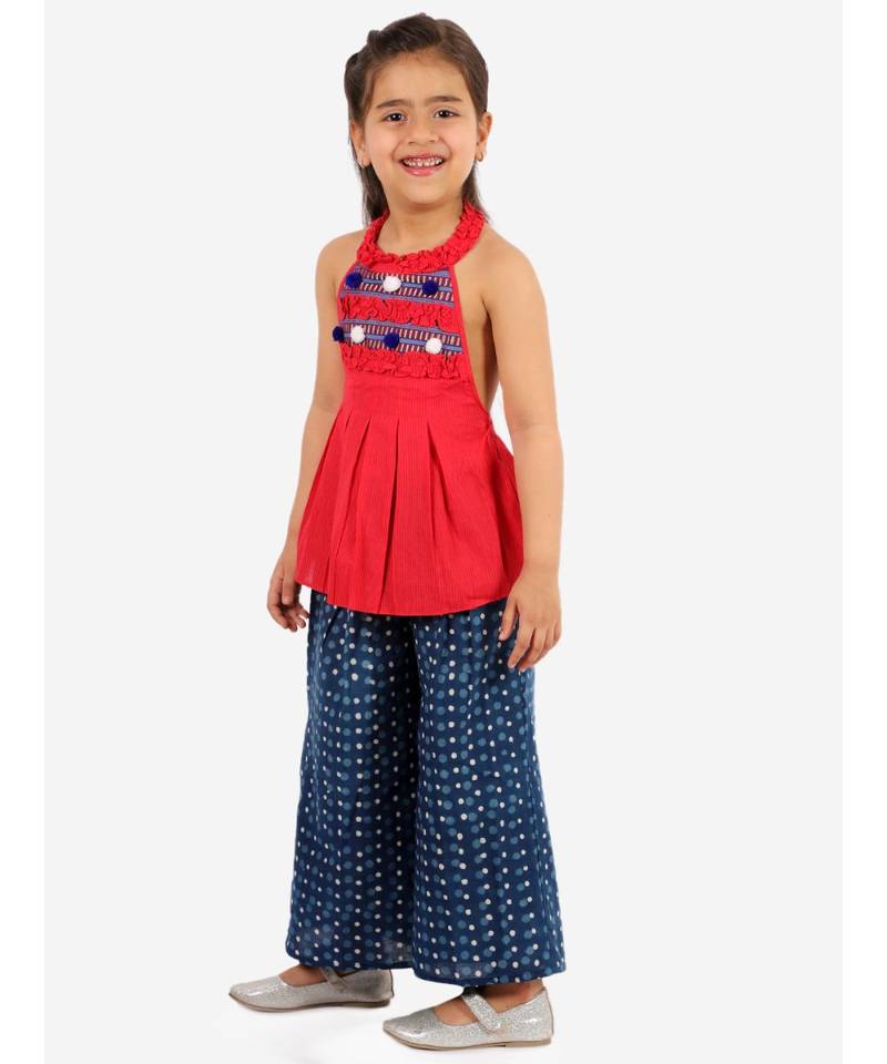 Girls Handloom Top and Printed Palazzo  Red and Indigo