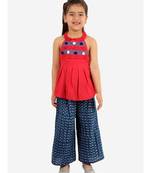 Girls Handloom Top and Printed Palazzo  Red and Indigo