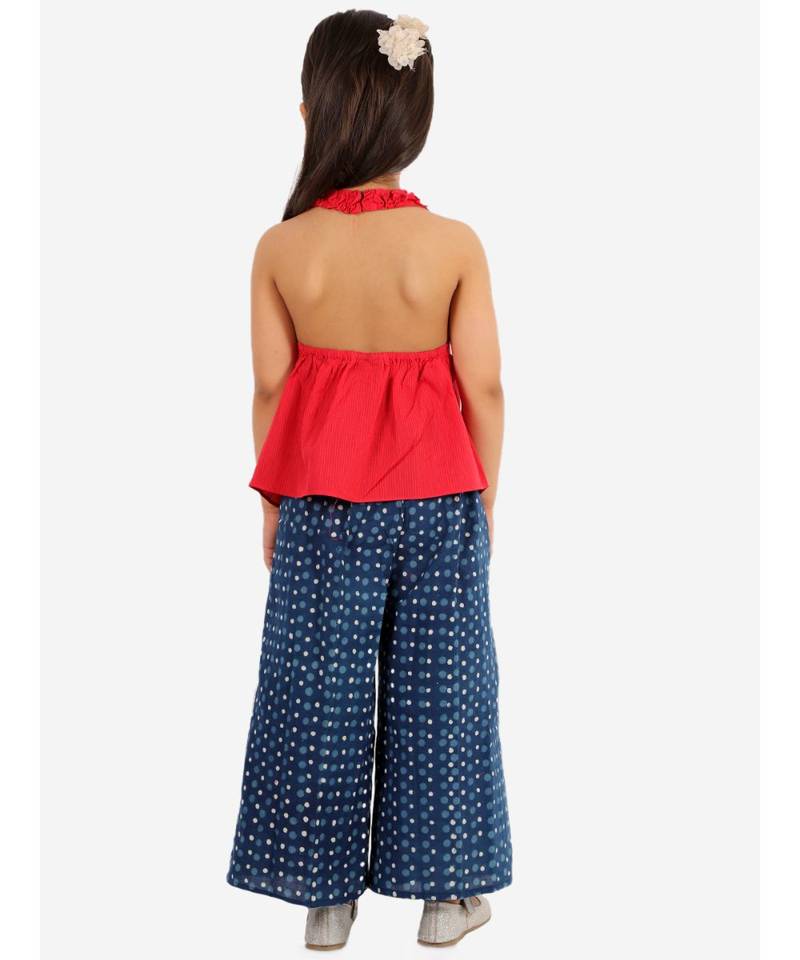 Girls Handloom Top and Printed Palazzo  Red and Indigo