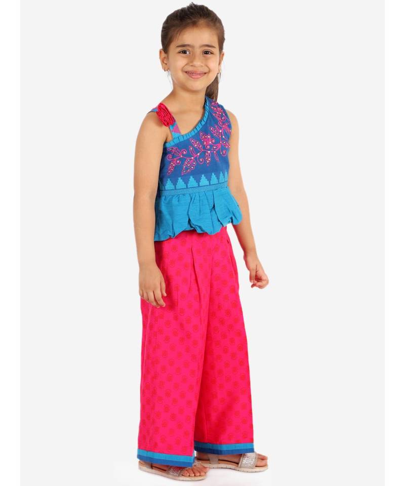 Girls Thread Work And Rhinestone Work Top With Palazzo Blue