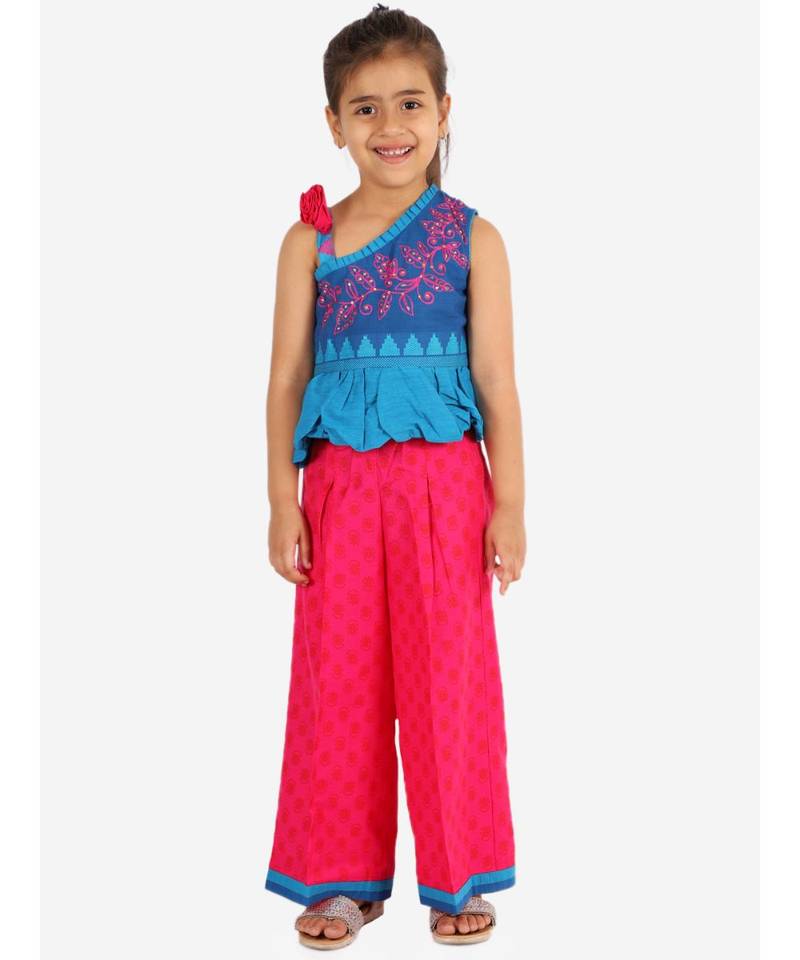 Girls Thread Work And Rhinestone Work Top With Palazzo Blue